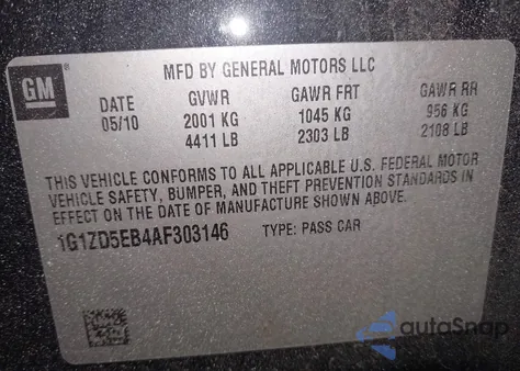 2010 Chevrolet Malibu Lt из США, поврежденный, VIN 1G1ZD5EB4AF303146